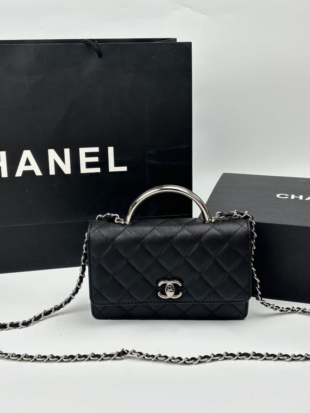 Chanel Classic Quilted Top Handle Chain Bag, Black Caviar Leather